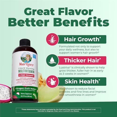 Image of MARYRUTH'S Liquid Multivitamin + Hair Growth | Clinically Tested in Women for Thicker Hair & Facial Wrinkles | Biotin 10000mcg | Lustriva Hair Growth Supplements | Skin Care | Ages 18+ | 15.22 Fl Oz