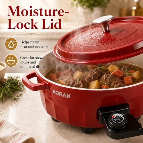 Image of AORAN 6QT Multi-Function Electric Hot Pot Cooker, 1400W Family Hot Pot for Frying, Boiling, Slow Cooking & Stewing, Nonstick Cooking Pot with Temperature Control, Ladle, Skimmer & Spatula