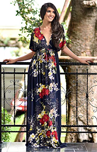 Koh Koh Womens Long Summer Floral Flower Print Sexy Kaftan Caftan Beach Casual Flowy Hawaiin Sun Cover-Up Sundress Sundresses Gown Gowns Maxi Dress Dresses, Dark Navy Blue L 12-14 #TOP1