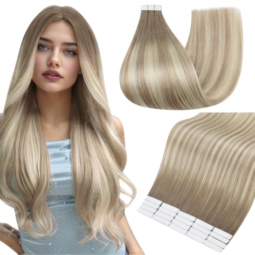 Full Shine Tape in Extensions, Ash Brown Platinum Blonde Ombre 12 Inch