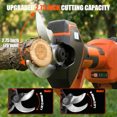 Image of Electric Pruning Shears, 2.75'' Cut, 2 Batteries & Spare Blades | Dual 2.0Ah Batteries, Brushelss Motor, SK7 Blades, LCD Display Cordless Branch Cutter Pruner for Garden Tree Trimming(Orange)