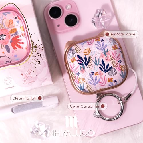 Image of for AirPods 4 Case with Cleaning Kit, Cute Cat Ear Print Design & Cute Buckle, Inverted Phone Holder Design, Top Safe Lock Buckle Design, for Girls AirPods 4 case 2024, Rose Gold Leaves