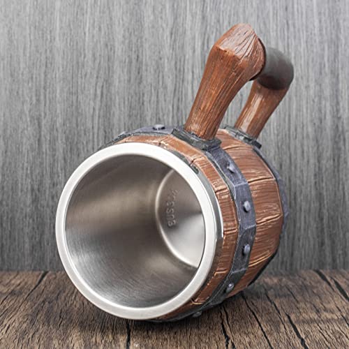 Ktotkmota Viking Wood Barrel Beer Mug, Stainless Steel Liner Resin Tankard, Medieval Nordic Viking Style Wooden Rivet Leather Wooden Stein, Beer Coffee Cola Juice Cup Men's Gift #TOP5