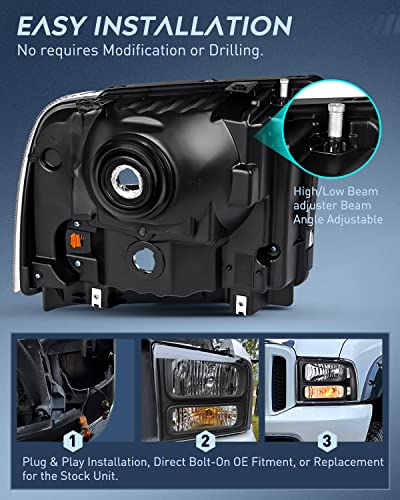 Nilight Headlight Assembly 2005 2006 2007 F250 F350 F450 F550 Super Duty Black Housing Clear Corner Clear Lens Headlights Assembly Replacement, 2 Years Warranty #TOP2