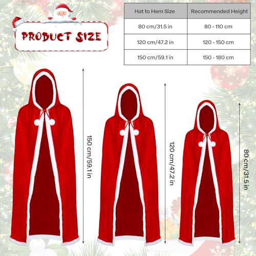 Weihnachten Santa Umhang, Weihnachtsmann Mantel, Kapuzenumhang Rot, Rote Samt Weihnachtsmantel, Weihnachtsmantel Cape Damen, Weihnachtskostüm für Feiertagspartys, Cosplay, Maskerade (120cm)