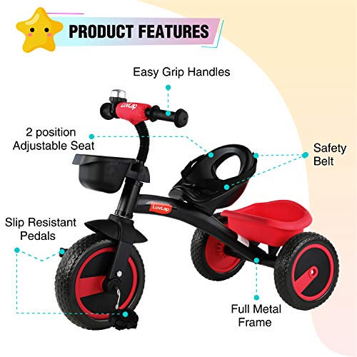 Image of LuvLap Joy Baby Cycle / Tricycle For Kids, 3 To 5 Yrs, Upto 25Kg, Adjustable Safety Belt, Front & Rear Baskets, 2 Position Adjustment (Red)