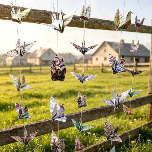 INYUEEIC Mid Century Modern Blessing Origami Crane Garland，Abstract Pattern Origami Cranes Streamers for Kids Room, Handmade Origami Bird Banner Baby Shower Wedding Party Supplies（3 Strings）
