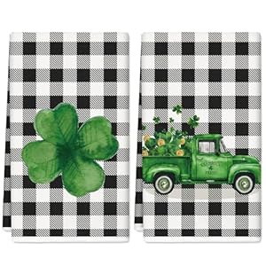 AnyDesign St Patricks Day Kitchen Towel Shamrock Clover Truck Dish Towel 18 x 28 Inch Black White Buffalo Plaid Hand Drying Tea Towel for Cooking Baking Party Supplies 2Pcs