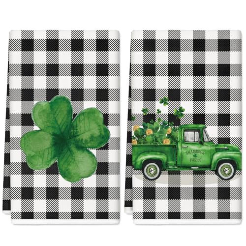 AnyDesign-St-Patricks-Day-Kitchen-Towel-Shamrock-Clover-Truck-Dish-Towel-18-x-28-Inch-Black-White-Buffalo-Plaid-Hand-Drying-Tea-Towel-for-Cooking-Baking-Party-Supplies-2Pcs AnyDesign St Patricks Day Kitchen Towel Shamrock Clover Truck Dish Towel 18 x 28 Inch Black White Buffalo Plaid Hand Drying Tea Towel for Cooking Baking Party Supplies 2Pcs