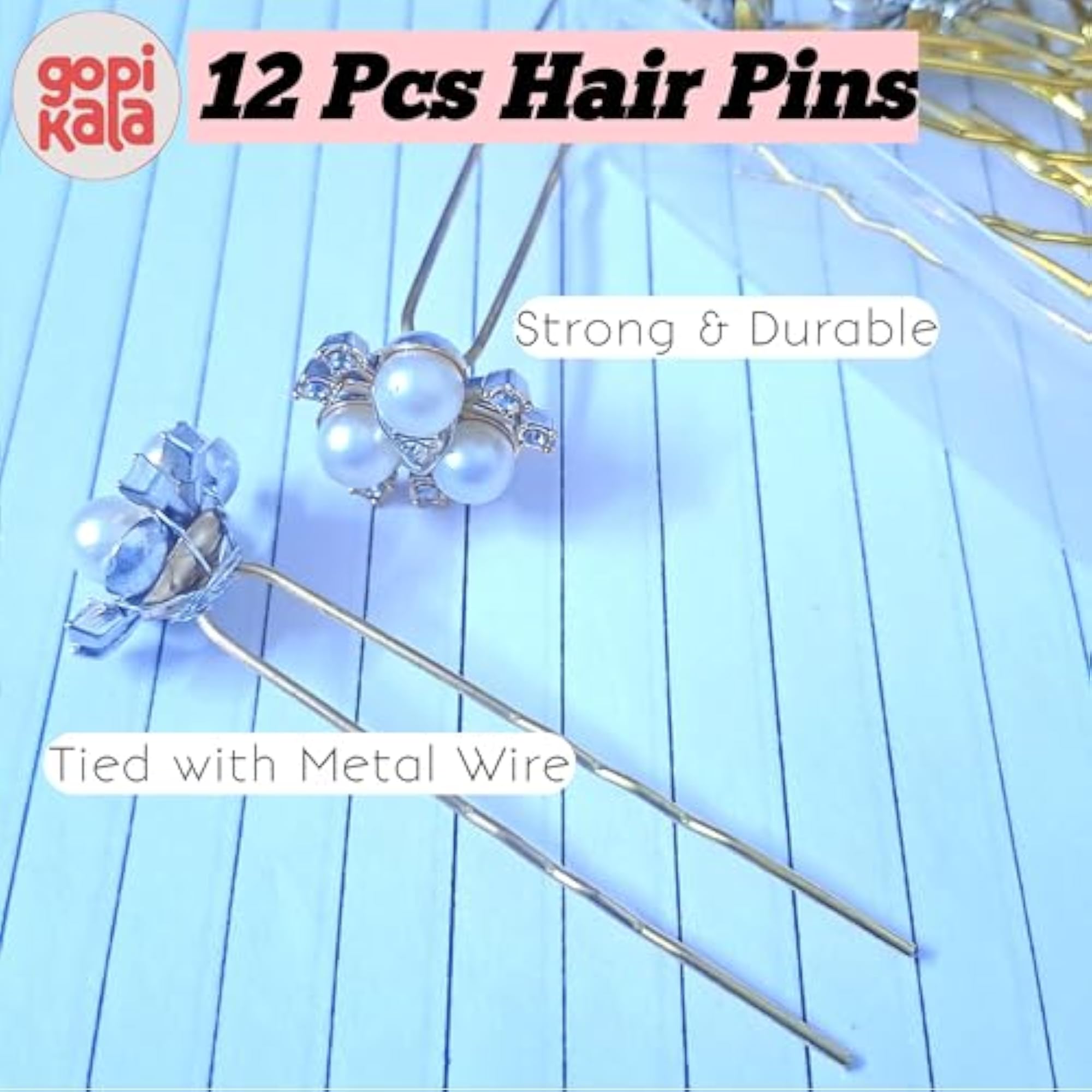 12-Piece Pearl Hair Pins Set, Gold Plated Rhinestone Design