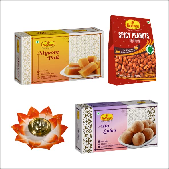 Haldiram's Nagpur Mysore Pak 500g, Atta Ladoo 250g, Spicy Peanuts 200g with Large Diya Amazon