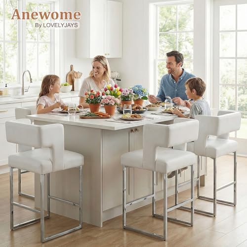 Image of 26 inch H Bar Stools Set of 4 with Back, Faux Leather Counter Height Stools with Footrest, Square Metal Frame, Modern Upholstered Bar Chairs for Kitchen Island /Dining Room, White & Silver Legs