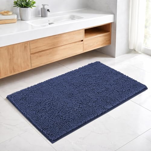 Image of LUXE HOME INTERNATIONAL Shaggy Chenille Bath Mat Extra Soft Super Absorbent Anti Skid Slip Popcorn Door Mats for Home Entrance, Bathroom, Bedroom, Kitchen, Floor Mat (45x75 cm Navy) Pack of 1