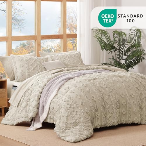 Image of King Size Comforter Set- 7 Pieces Tufted Bed in a Bag King Bedding Sets | All Season Shabby Chic Boho Bedding with Comforter, Sheets, Pillowcases & Shams, Beige