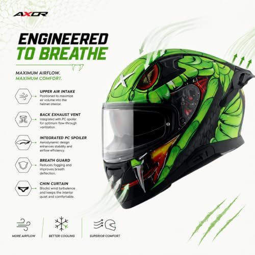 Image of Axor Apex Venomous ISI ECE DOT Certified Full Face Dual Visor Helmet for Men and Women with Pinlock Fitted Outer Clear Visor and Inner Smoke Sun Visor Dull Black Neon Green(M)