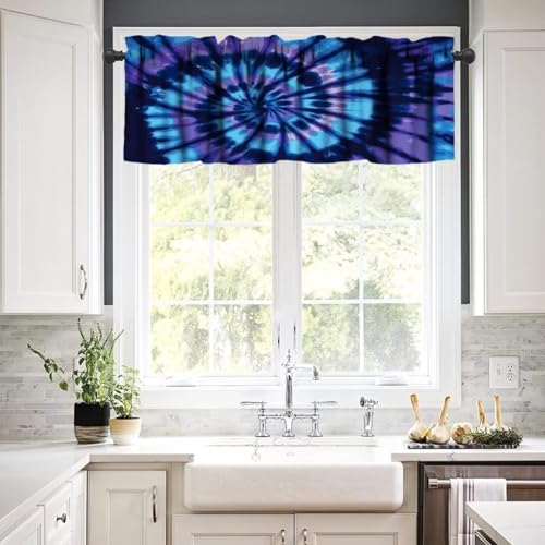Image of Swirl Tie Dye Purple Black Window Valance Curtain, Retro Spiral Hippie Style Chic Multicolor Watercolor Window Treatment Valances for Kitchen Living Room Cafe Decor 54'x18', 1 Panel