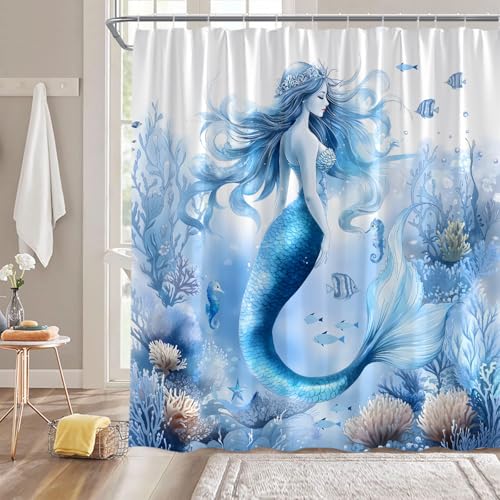 Mermaid Shower Curtain for Bathroom,70" Wx70 H,Blue