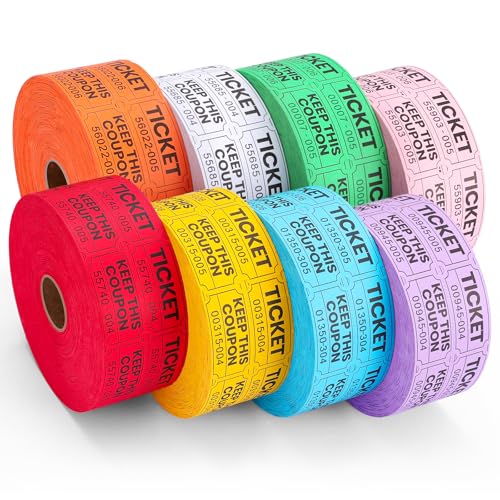 Actmuen 8000 Pairs Raffle Tickets, 50/50 Double Raffle Tickets Rolls, 8 Colors 1000 Tickets per Roll for Events, Concert, Carnival, Drawings, Fundraisers, Drink Tickets
