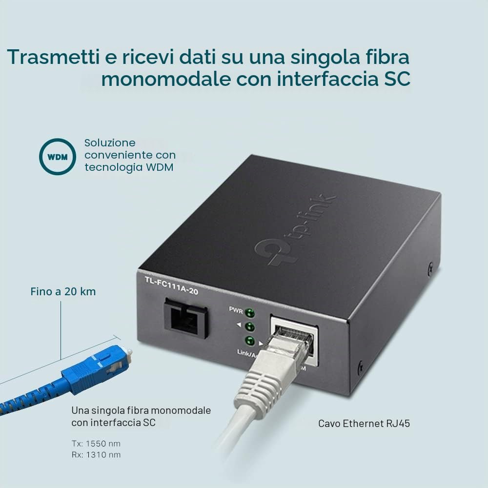 TP-Link TL-FC111A-20 Ethernet Media Converters, Convertitore Multimediale, Estende la Distanza Della Fibra fino a 20 km, Porta in Fibra SC, RJ-45 100Mbps, Auto Negoziazione, 1550 nm TX, 1310 nm RX