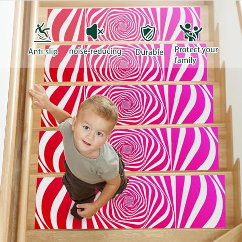 Alfombra rosa para escaleras Stripe Geometry en pack de 15 piezas de madera 4