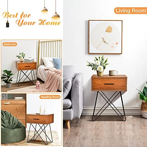 COSTWAY Industrial Bedside Table, Multifunctional Retro Nightstand End Table with Handled Drawer and Metal Leg, Home Office Living Room Bedroom Sofa Side Table (Brown)