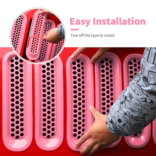 Image of Mesh Grille Grill Insert+Headlight Turn Light Cover Trim Fit for 2007-2018 Jeep Wrangler JK JKU(Pink,Style A)