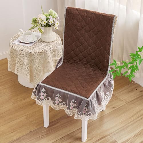Image of HOMETHREADS Vintage Dining Chair Protector Cover, Quilted Cotton with Lace Frills, Easy Slip-On Design, Protects Seat & Backrest While Keeping Chair Visible, Washable & Reusable, Coffee (Pack of 6)