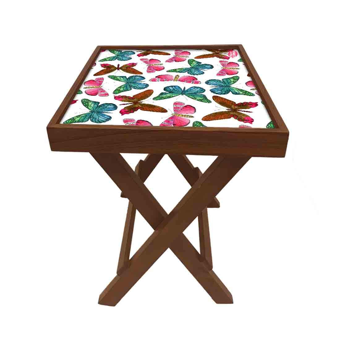 Nutcase Designer Teak Wood Side Table Folding Wooden Bedside Coffee Outdoor Picnic Table - Watercolor Butterfly 2