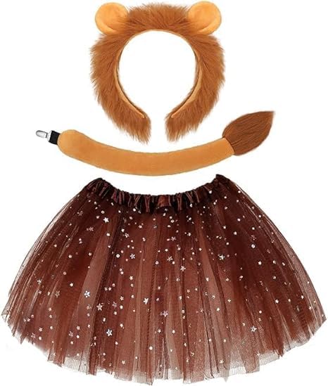 KMLGY 4Pcs Lion Ear Headband Tail Costume Set with Tutu, Lion Ears Headband Tails Tutu Fancy Dress Accessories for World Book Day Cosplay Birthday Party Dress Up