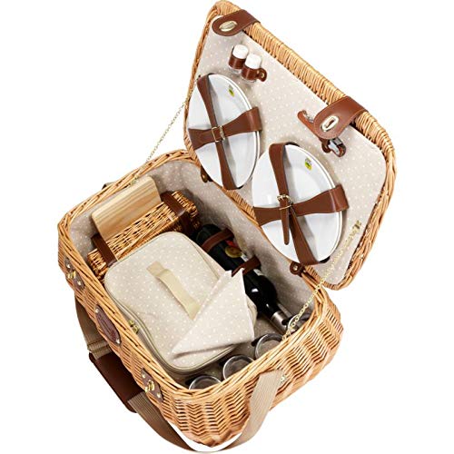Les Jardins de la Comtesse - Picknickmand van rieten in honingkleur - Volledig uitgerust / 4 personen / koelvak en keramische plaat / wijnglazen van echt glas