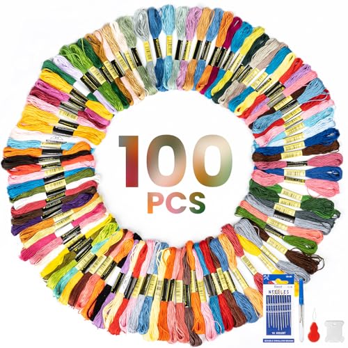100 Colours Embroidery Threads Cross Stitch Thread Embroidery Floss with Needles Rainbow Colour Bracelet Thread for Knitting Embroidery Floss Bobbins Cross Stitch Project