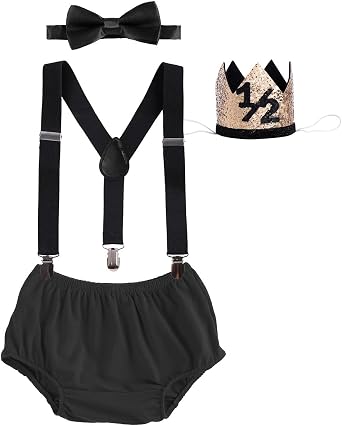 IDOPIP My 1/2 Birthday Outfit Boy Baby Half Way to One Cake Smash Photo Props Romper Suspenders Bloomers Headband Clothes Set