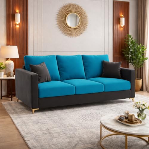 Image of Hayes Dual Tone Rich Velvet Suede 3 Seater Sofa | Golden Aesthetic Legs | Spacious Soft Touch Comfort Seating | Modern Sofa for Living Room (Dark Gray & Aqua Blue)