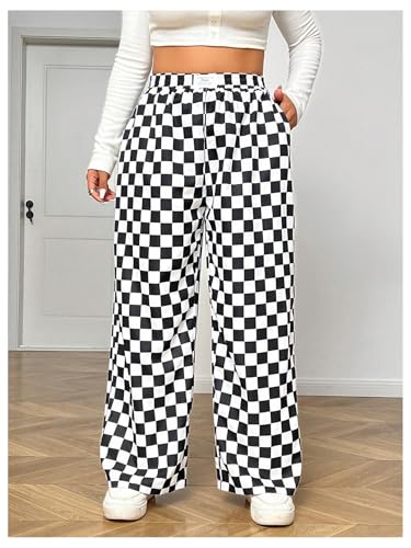 SOLY HUX Women's Plus Size Checkered Pants Elastic High Waisted Y2k Wide Leg Baggy Trousers with Pocket4