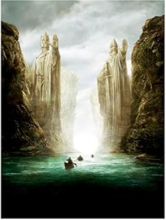 The Lord of the Rings: The Fellowship of the Ring 8x10 Photo Small Boats Going Toward Waterfall Flanked by Two Huge Statues kn