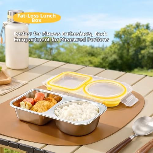 Image of Motka Stainless Steel Bento Lunch Box with 2 Compartment | 460 ml Leakproof Lid, Portion Control Meal Box | BPA Free Food Storage Container | Dishwasher, Freezer Safe | Office School Travel - Yellow