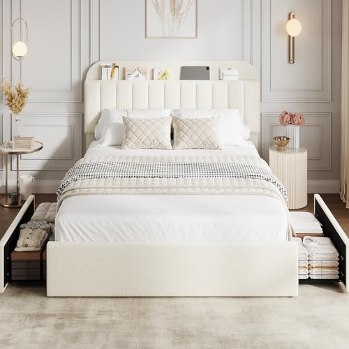 GarveeHome Full Bed Frame with Storage Headboard, Kids Bed Frame with 2 Drawers, Boucle Upholstered Platform Bed with Bookcase, No Box Spring Needed, Easy Assembly, Ivory White