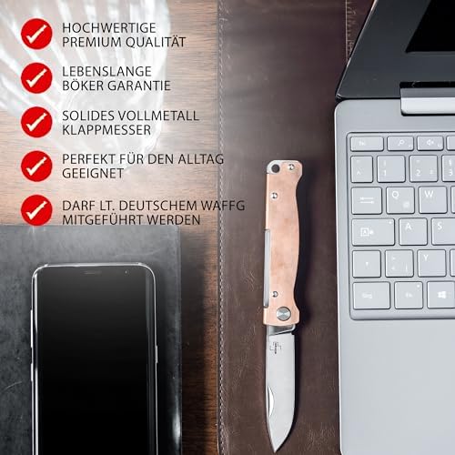 Böker Plus® Atlas nóż mały scyzoryk Slipjoint składany nóż z metalowym uchwytem nóż Edc w stylu vintage Sandvik (scyzoryk miedziany)