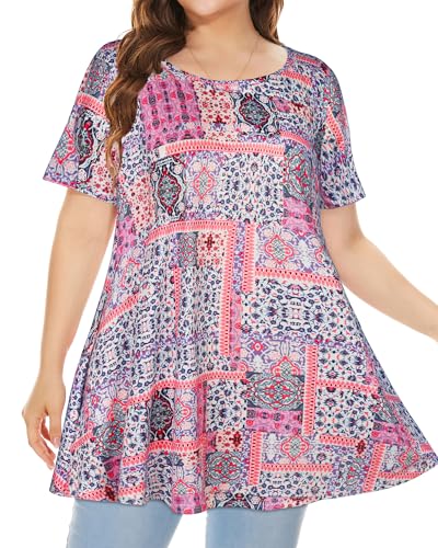 JOELLYUS Plus Size Tops for Women Tunic Floral Casual Short Sleeves T Shirts Flowy Blouses2