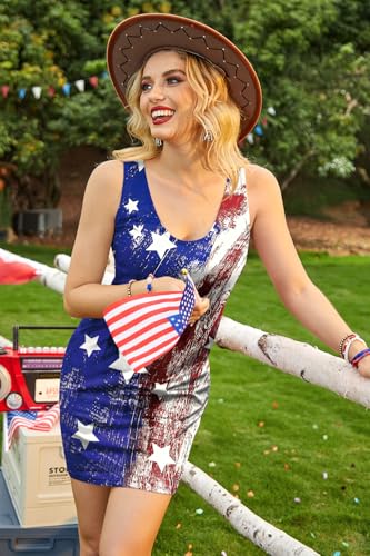 Image of For G and PL Women 4th of July American Flag Tank Dress Deep V Neck Stars Stripe Mini Patriotic Sleeveless Sundress