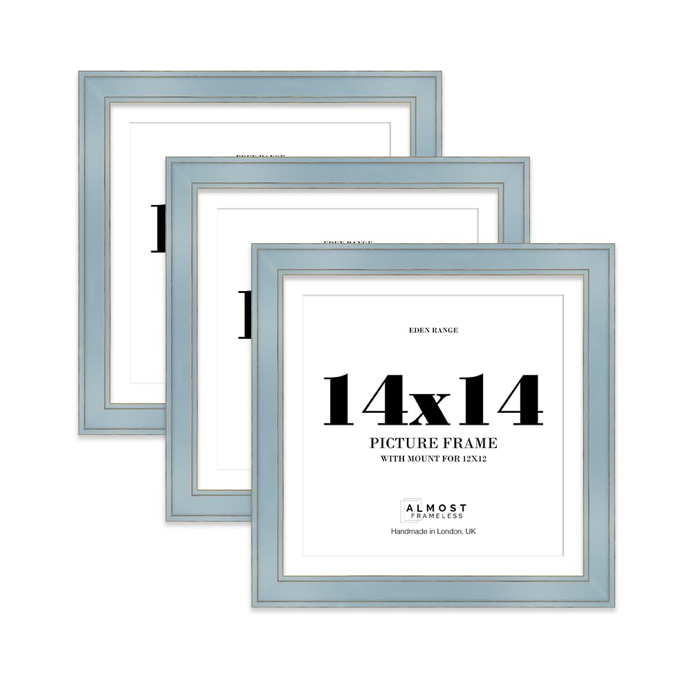 14x14" Cornflower Blue Square Picture Frame with 12x12" Mount - Shabby Chic Photo Frame with Distressed Finish, Gold Trim, Wall Hooks, 37mm Edge - 3 Pack โ image 1