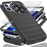YmhxcY for iPhone 13 Pro Max Case, 2X Glass Screen and Camera Protector, 3 in 1 Heavy Duty Shockproof Drop Protection Stripe Rubber Cover for 13 Pro Max 6.7'-Black