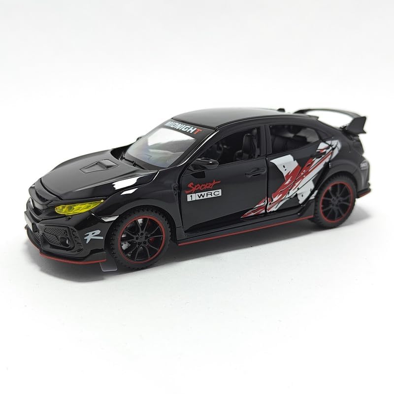Image of Kids Model 1:32 Civic Type R Die Cast Metal Car Pull Back Action Opening Doors with Realistic Engine Sound Lights Toy Car Gift for Boys - Black