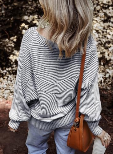 Image of EVALESS Striped Sweaters for Women Boat Neck Batwing Sleeve Oversized Pullover Sweater Tops Womens Fall Clothes Outfits