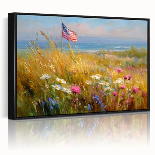 Image of American Flag Framed Canvas Wall Art, 4th of July Floral Canvas Prints, Wildflower Landscape Patriotic Decorations, Vintage Rustic Independence Day Wall Decor for Bedroom Living Room Office 24x32