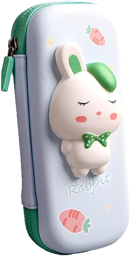 Image of 3D Green Rabbit Pencil Box with Cute Squishy for Boys for Girls and Kids for School 3D Embossed Pencil Zipper Pouch Storage Box Pencil case (Small Green Rabbit)