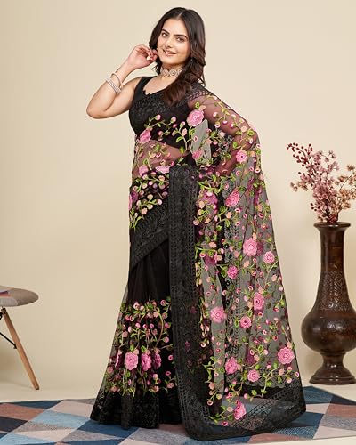 Image of VAIRAGEE Women's Beautiful Soft Net Embroidery Saree With Unstitched Blouse 6079