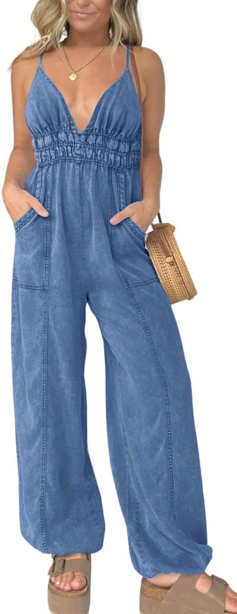 yoeasy Women's V Neck Adjustable Strap Denim Jumpsuit Smocked Elastic Waist Wide Leg Jeans Overall with Pockets