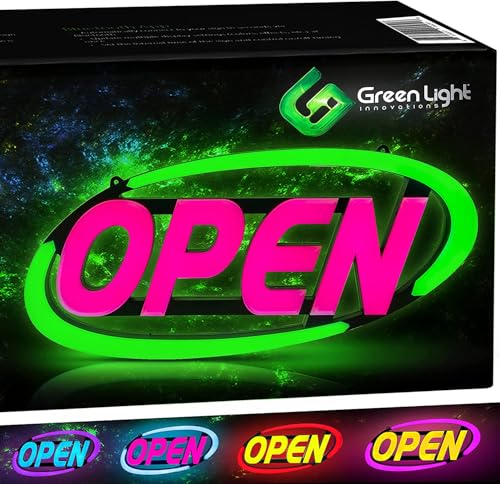 Image of Green Light Innovations Super-Bright LED Open Sign for Business 15x32 in - 64 Color Combos via Bluetooth App or Remote - Programmable On /Off Timer, Scroll /Flash /Phase Modes - Daylight Visible