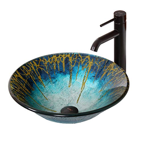 Elite Modern Design Unique Color Tempered Bathroom Glass Vessel Sink & Oil Rubbed Bronze Faucet Combo #TOP14